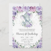 Sweet Lila Blüte Adorable Elefant Geburtstag Einladung (Vorderseite)