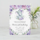 Sweet Lila Blüte Adorable Elefant Geburtstag Einladung (Stehend Vorderseite)