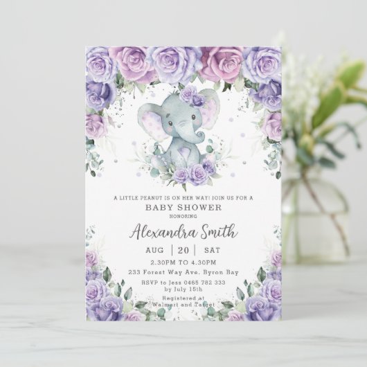 Sweet Lila Blütendusche Elephant Baby Dusche Einladung (Stehend Vorderseite)
