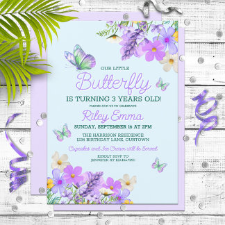 Sweet Lila Butterfly Theme Girl's Birthday Party Einladung