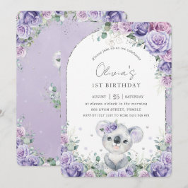Sweet Lila Lilac Floral Koala Geburtstagsparty Einladung