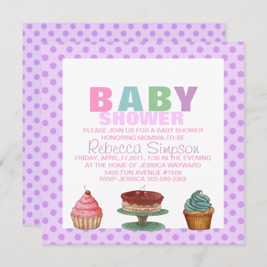 Sweet Lila Polka Dot Baby Dusche Einladung (Vorne/Hinten)