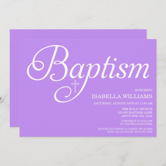 Sweet Lila Script Taufe Einladung (Vorne/Hinten)