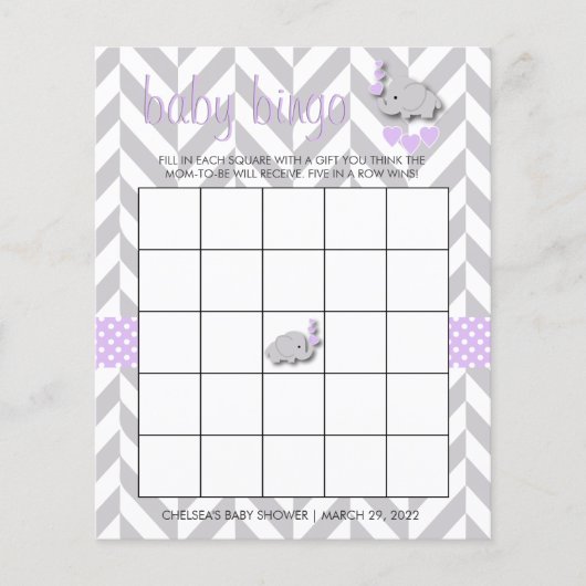 Sweet Lila und Gray Elephant Baby Shower Bingo Flyer (Vorne)