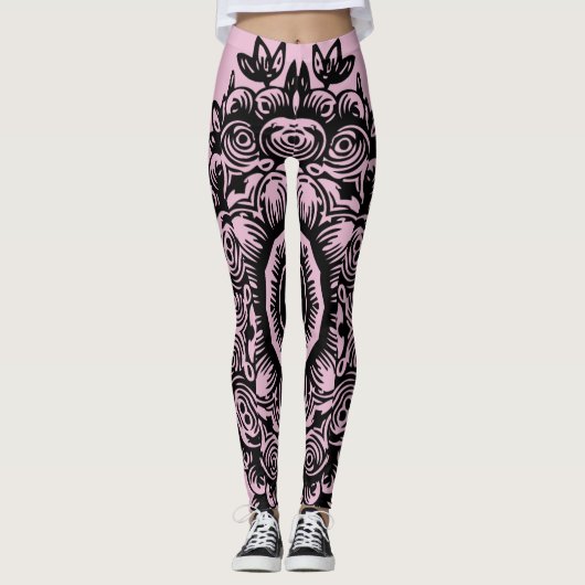 Sweet Lilac mit Black Damask Muster Athletic Leggings (Vorderseite)