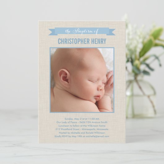 Sweet Linen Foto Taufe Einladung - Blau (Stehend Vorderseite)