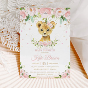 Sweet Lion Blush Pink Floral Gold Girl Baby Dusche Einladung