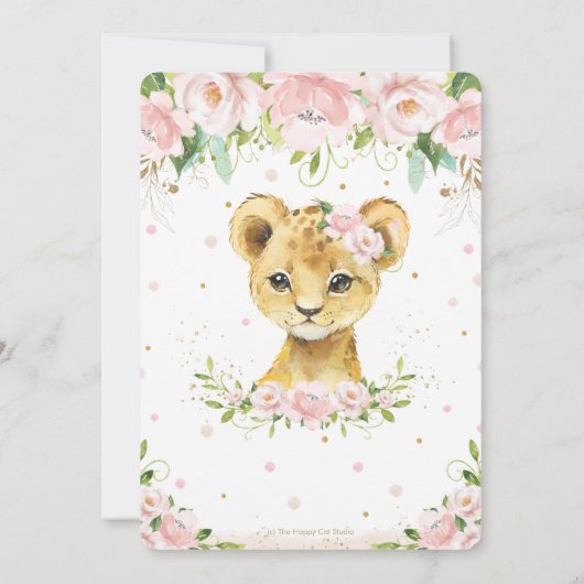 Sweet Lion Blush Pink Floral Gold Girl Baby Dusche Einladung (Rückseite)