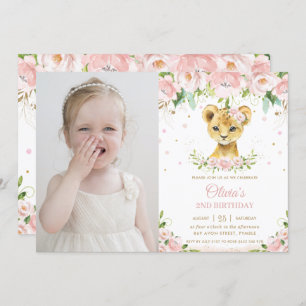 Sweet Lion Cub Blush Pink Floral Geburtstags-Foto Einladung