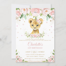 Sweet Lion Cub Blush Pink Floral Gold 1 Geburtstag Einladung