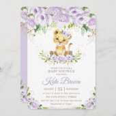 Sweet Lion Cub Lila Floral Girl Babydusche Einladung (Vorne/Hinten)