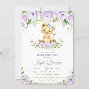 Sweet Lion Cub Lila Floral Girl Babydusche Einladung