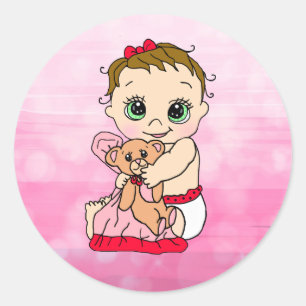 Sweet Little Baby mit Teddy Bear Pink und Red Runder Aufkleber