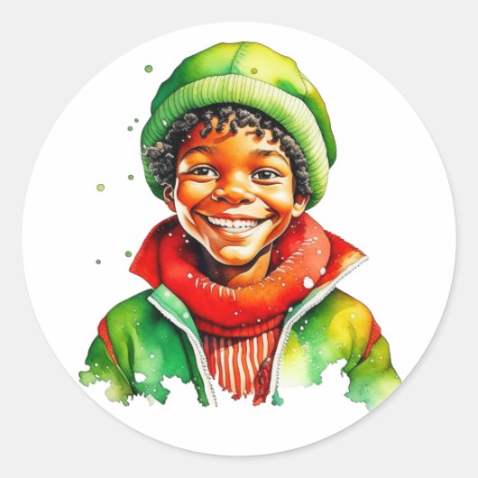 Sweet Little Boy Watercolor Weihnachten Runder Aufkleber (Vorderseite)