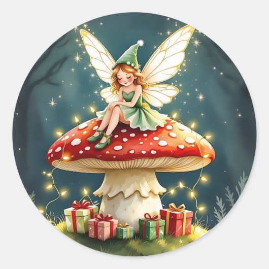Sweet Little Christmas Fairy on Mushroom Runder Aufkleber (Vorderseite)