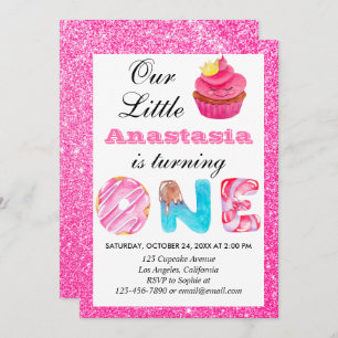 Sweet Little Cupcake Pink Glitzer 1. Geburtstag 1 Einladung