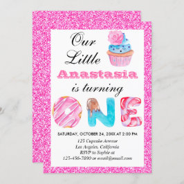 Sweet Little Cupcake Pink Glitzer 1. Geburtstag 1 Einladung