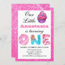 Sweet Little Cupcake Pink Glitzer 1. Geburtstag 1 Einladung