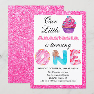 Sweet Little Cupcake Pink Glitzer 1. Geburtstag 1 Einladung