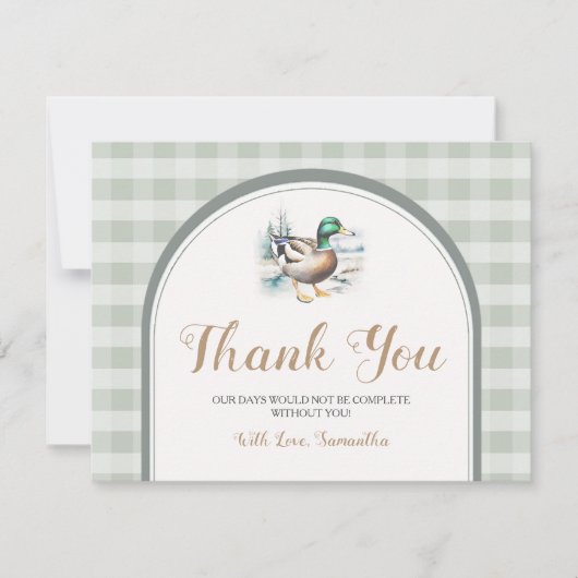 Sweet Little Duckling Mallard Gingham Baby Shower Dankeskarte (Vorderseite)