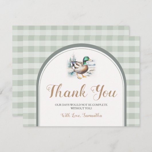 Sweet Little Duckling Mallard Gingham Baby Shower Dankeskarte (Vorne/Hinten)