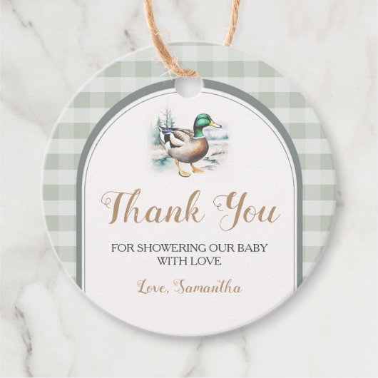 Sweet Little Duckling Mallard Gingham Baby Shower Geschenkanhänger (Vorderseite)