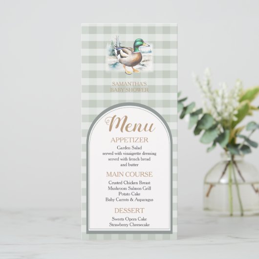Sweet Little Duckling Mallard Gingham Baby Shower Menükarte (Stehend Vorderseite)