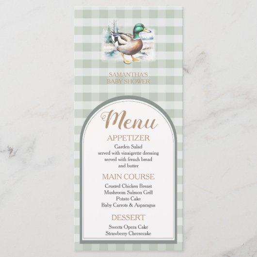 Sweet Little Duckling Mallard Gingham Baby Shower Menükarte (Vorderseite)