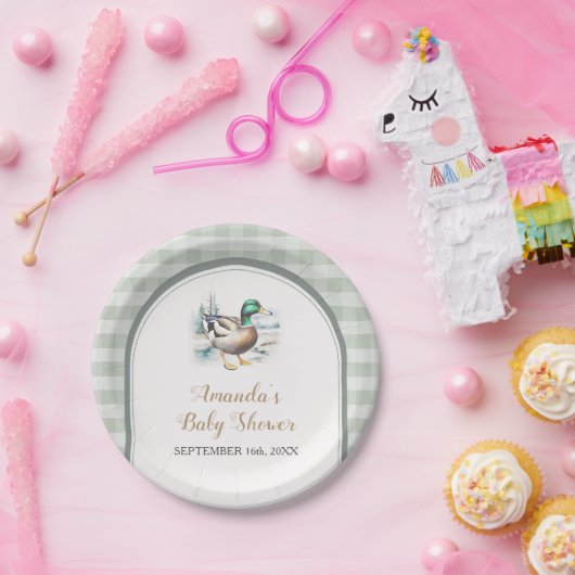 Sweet Little Duckling Mallard Gingham Baby Shower Pappteller (Party)
