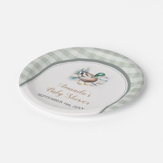 Sweet Little Duckling Mallard Gingham Baby Shower Pappteller (Schrägansicht)