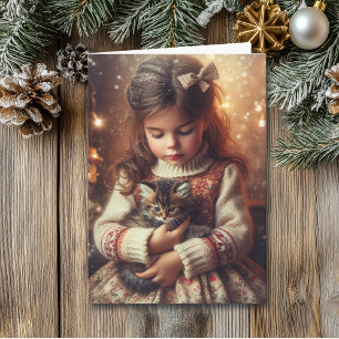 Sweet Little Girl and Kitten Christmas Karte