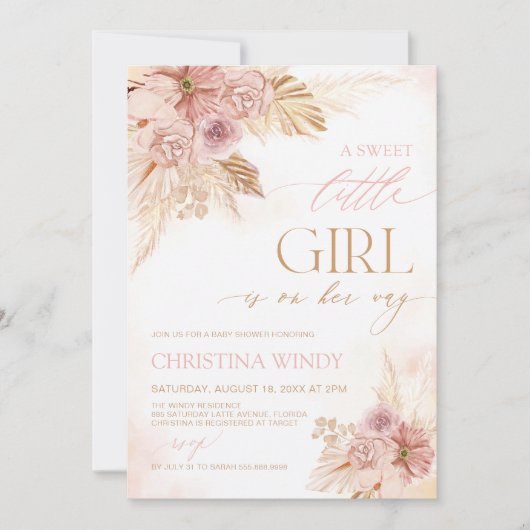 Sweet Little Girl Baby Shower Pampas Party lädt ei Save The Date (Vorderseite)