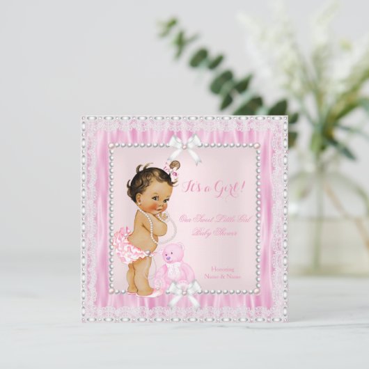 Sweet Little Girl Baby Shower Pearls Lace Brünett Einladung (Stehend Vorderseite)