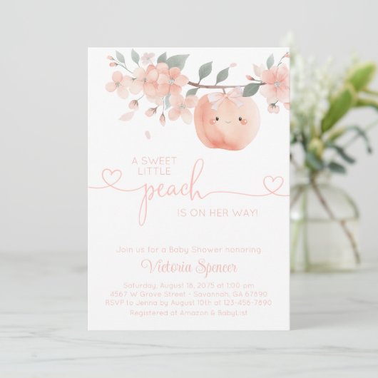 Sweet Little Girl Peach Baby Dusche Einladung (Stehend Vorderseite)