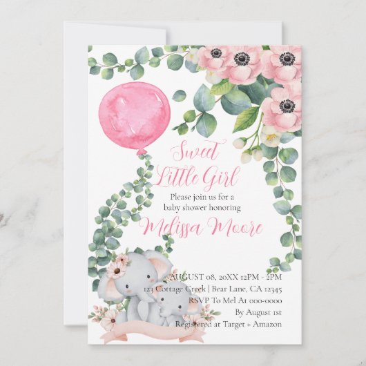 Sweet Little Girl Pink Balloon Eucalyptus Elephant Einladung (Vorderseite)