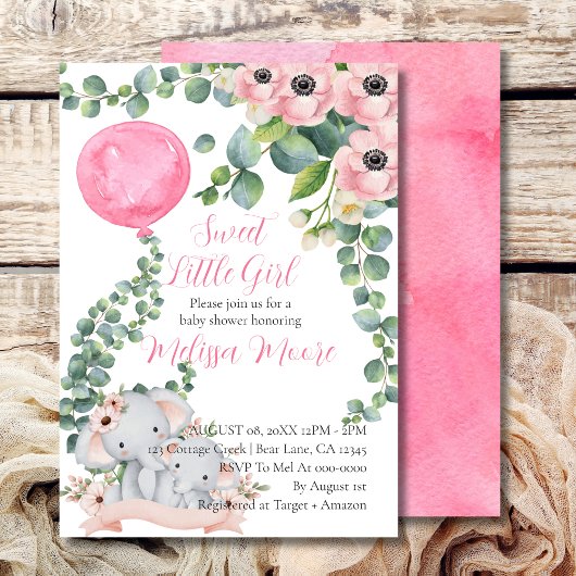 Sweet Little Girl Pink Balloon Eucalyptus Elephant Einladung