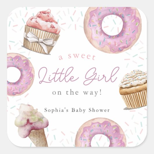 Sweet Little Girl Pink Cupcake & Donut Baby Dusche Quadratischer Aufkleber (Vorderseite)