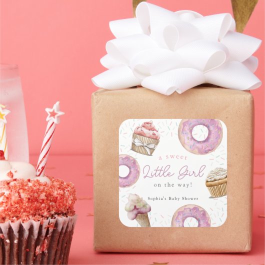 Sweet Little Girl Pink Cupcake & Donut Baby Dusche Quadratischer Aufkleber (Party)