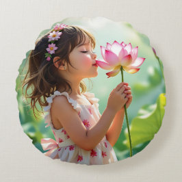 Sweet Little Girl Riecht eine Blume Rundes Kissen