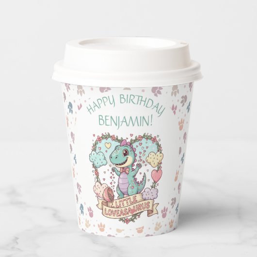Sweet Little Hearts Dino Birthday Personalized Pappbecher (Vorderseite)