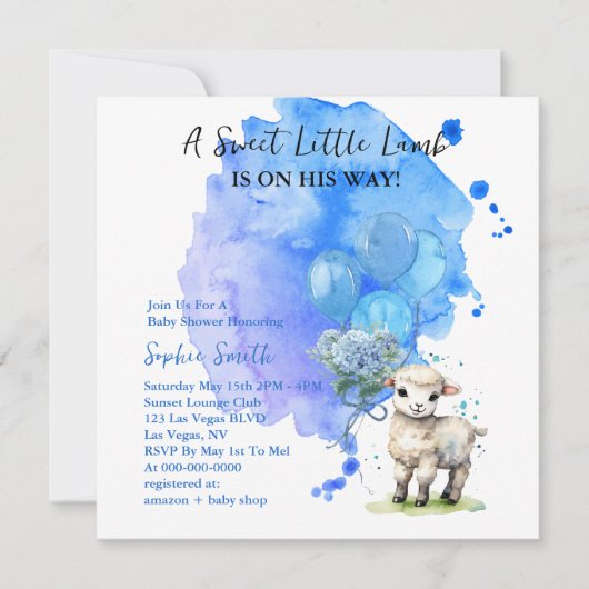 Sweet Little Lamb Baby Dusche Blue Square Einladung (Vorderseite)