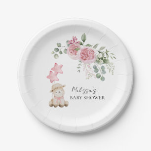 Sweet Little Lamb Girl Pink Roses Blume Grüne Pappteller