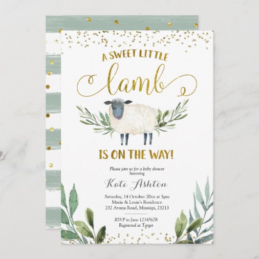 Sweet Little Lamb Greenery Kinderdusche Einladung (Vorne/Hinten)