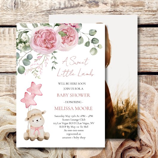 Sweet Little Lamb Mauve Pink Baby Dusche Foto Einladung