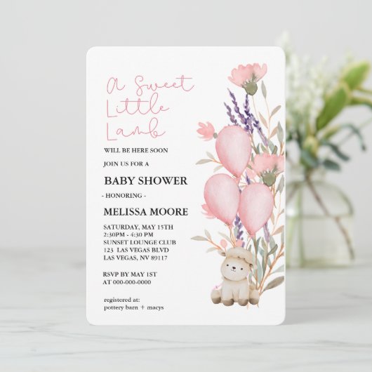 Sweet Little Lamb Pink Ballon Wildblume Einladung (Stehend Vorderseite)