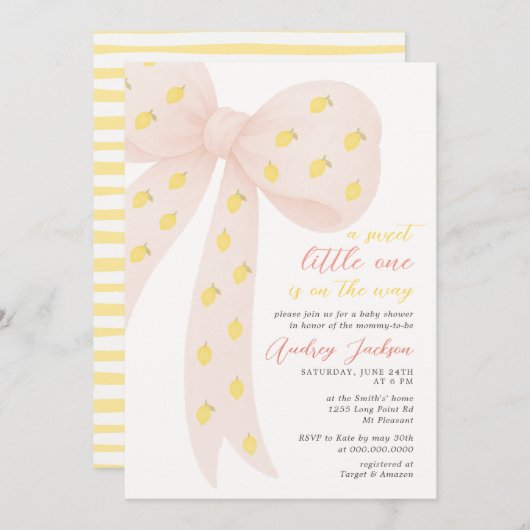 Sweet Little Lemon Pink Coquette Bow Baby Dusche Einladung (Vorne/Hinten)