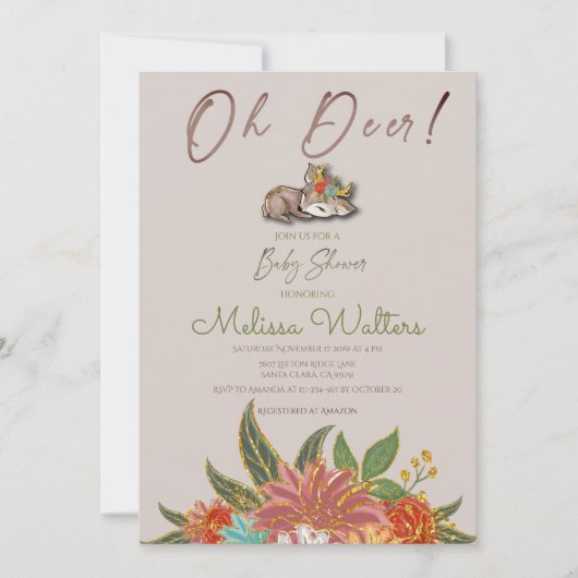 Sweet Little Oh Deer Woodland Wilde Tiere Floral Einladung (Vorderseite)