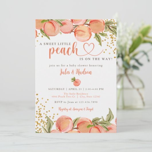 Sweet Little Peach Baby Dusche Einladung (Stehend Vorderseite)