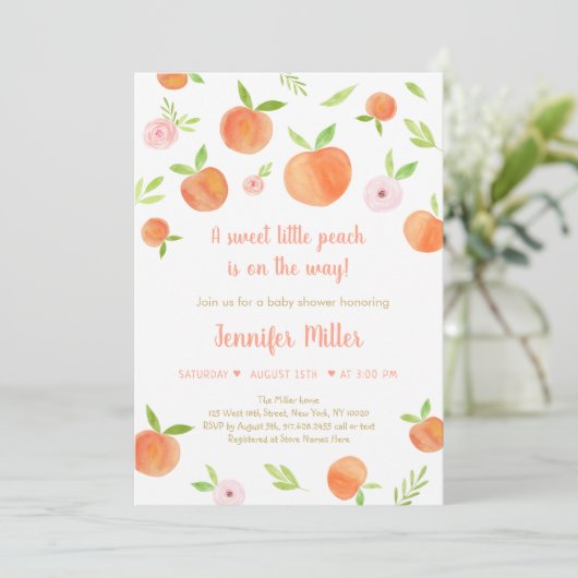 Sweet Little Peach Baby Dusche Einladung (Stehend Vorderseite)