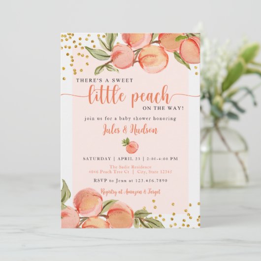 Sweet Little Peach Baby Dusche Einladung (Stehend Vorderseite)